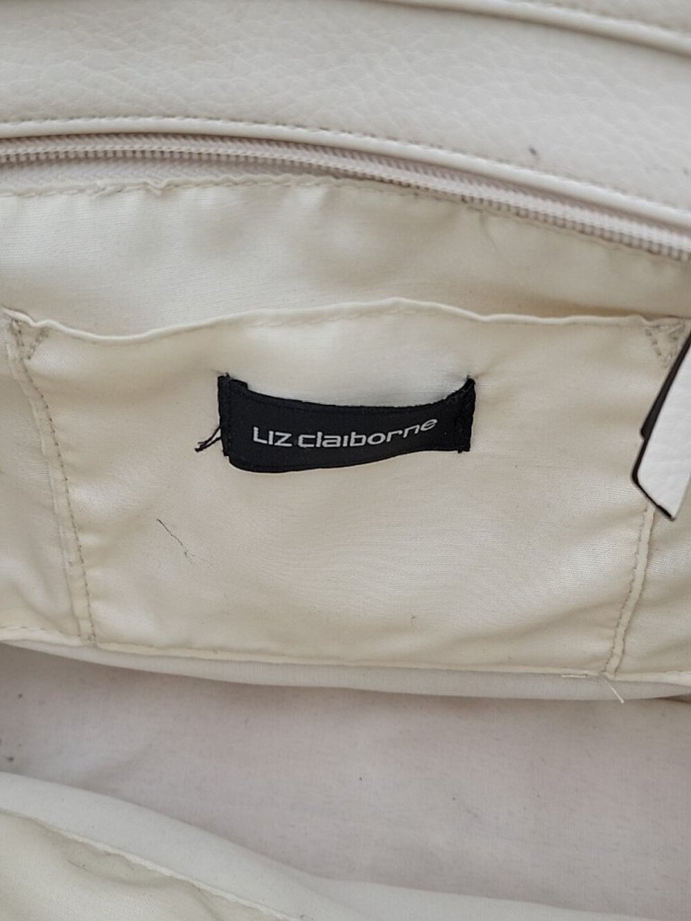 VintageLiz Claiborne Geometric Satchel Tote Bag Cream Taupe Canvas Faux Leather - Picture 6 of 16